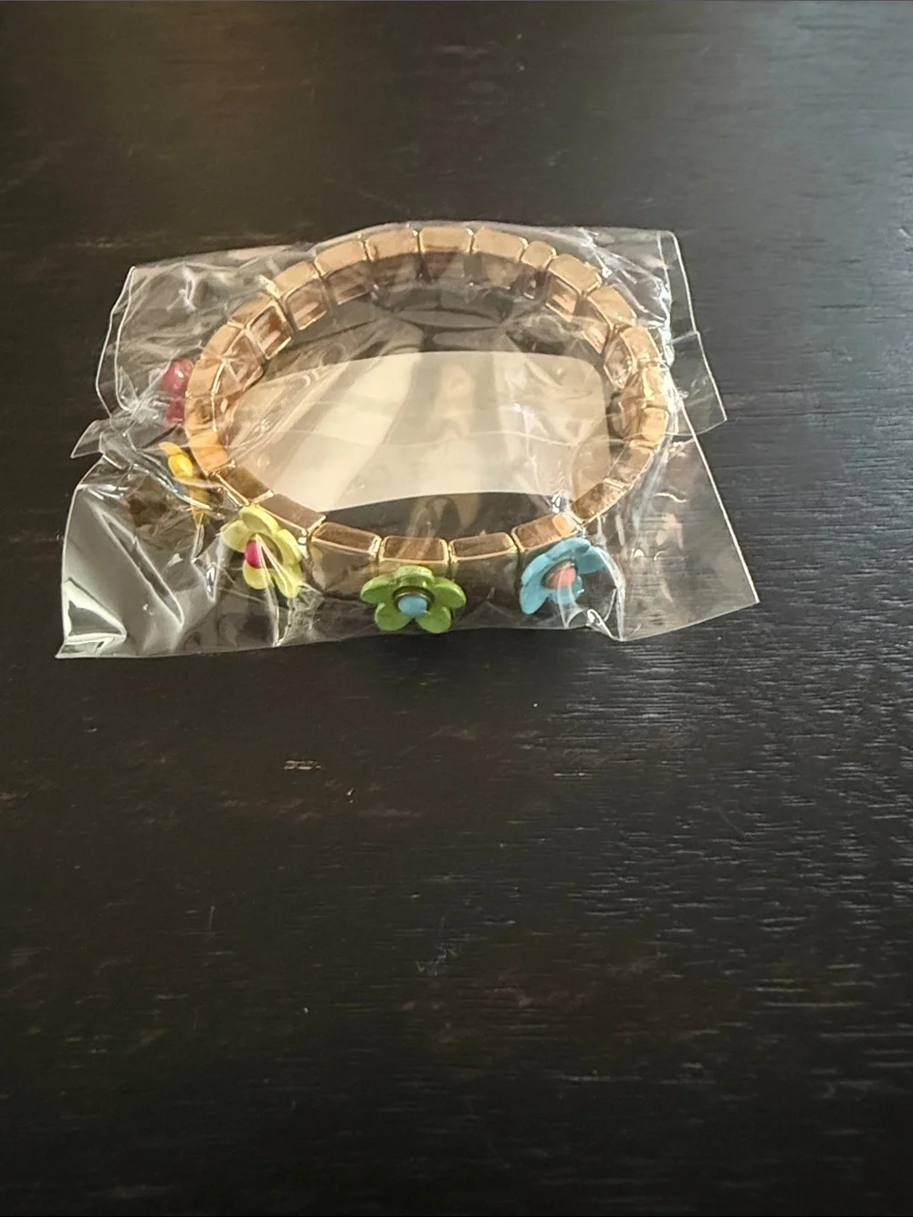 Garden Multi-colored Enamel Rainbow Flower Link Bracelet on Metallic Gold